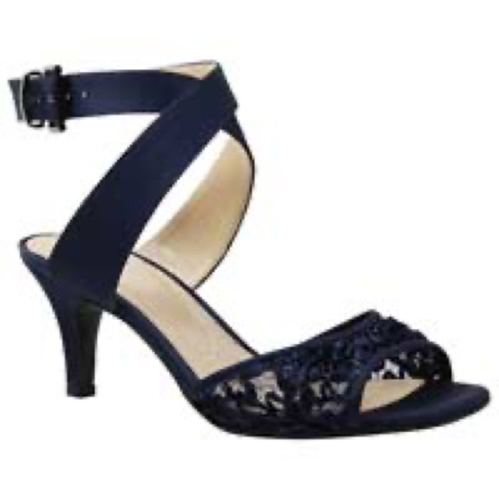 New in Box J. Reneé Soncino Ribbon Lace/Satin Navy Heels Ankle Wrap Wome…